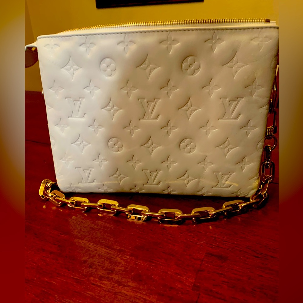Authentic Louis Vuitton White Embossed purse with Gold Chain, rare cream color.